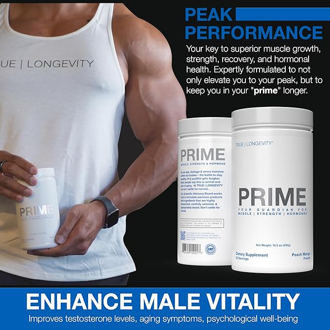 DRINK HRW Prime Men's Health Supplement - Enhance Muscle, Strength, Vitality - Scientifically Validated, Premium Ingredients - Boost Energy, Endurance with Creatine+ GAA - Peach Mango (30 Servings)