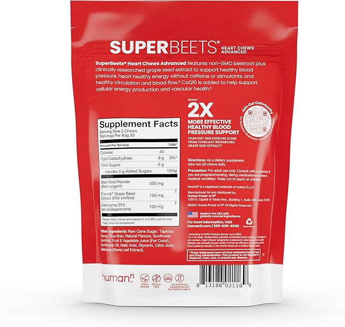 humanN SuperBeets Heart Chews Advanced - 100mg of CoQ10 Plus Beetroot & Grape Seed Extract, 60 Count