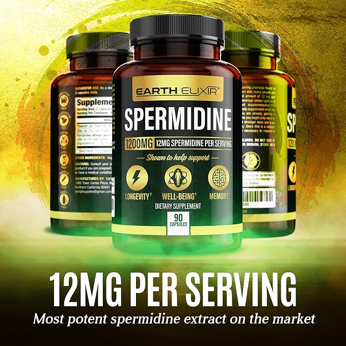 Spermidine Supplements 1200mg (90 Capsules) – Anti Aging - 3rd Party Tested (12mg Spermidine Powder) Max Purity - 100% Pure Espermidina- Fermented Wheat Germ Extract - NMN Alternative