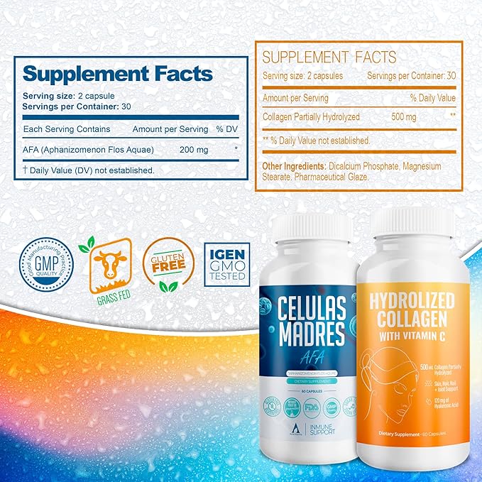 Aura Vitamin Mega Antioxidant Bundle | Hydrolyzed Collagen & AFA Stem Cell | Hydrolyzed Collagen with Vitamin C, Aphanizomenon Flos-Aquae | Celula Madre Skin, Hair and Nail Support – 60 Each Caps (1)