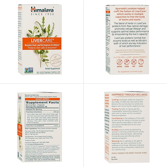 Himalaya LiverCare Herbal Supplement, Liver Cleanse Formula, Liver Support, Bile Production, Eliminates Waste, Cleansing, Vegan, Non-GMO, Herbal Blend Formula, 375 mg, 90 Capsules, 45 Day Supply