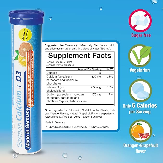German Calcium + VIT. D - 40 Vegetarian Drink Effervescent Tablets - Orange-Grapefruit Flavor - Made in Germany