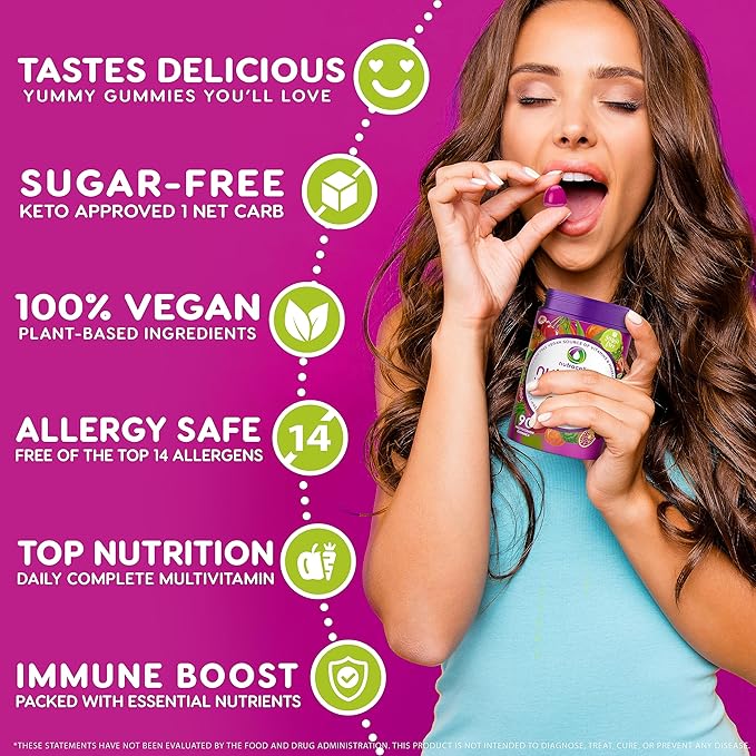 NUTRAMIN Daily Vegan Keto Multivitamin Gummies Non-GMO Natural Vitamin C, D + Zinc for Immunity, Plant-Based, Sugar-Free, Nut-Free, Gluten-Free, Biotin, Vitamin A, B, B6, B12 & More 90 Count, 45 Days
