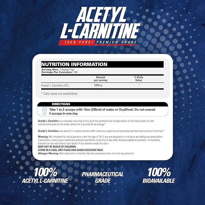 EHP Labs Acetyl L Carnitine Powder - Supports Natural Energy Production, Assists in Healthy Brain Function, Supports Heart Health, Vegan, Gluten Free, Non GMO - 100 Servings