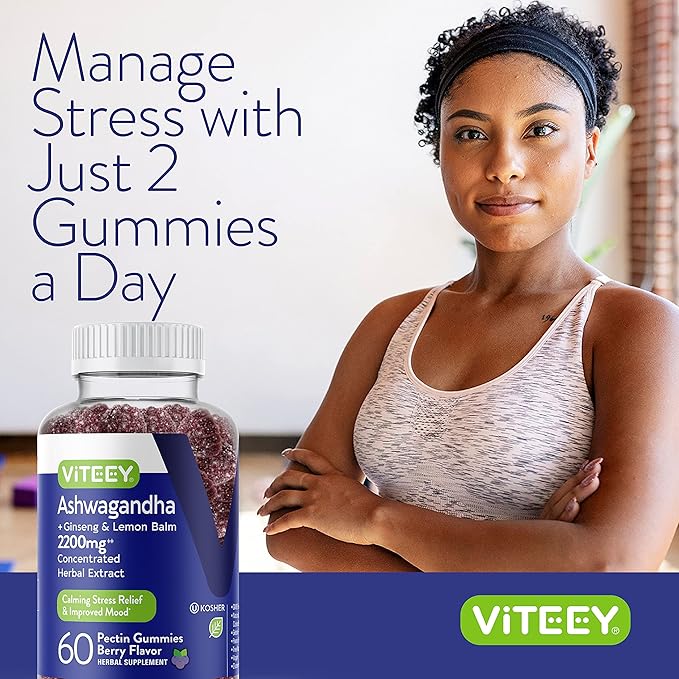 Ashwagandha Supplements Gummies with Ginseng & Lemon Balm Herbal Extract - Ashwagandha Gummies for Calm, Relax, Restore, Unwind - Vegan, Gelatin Free, Gluten Free - Tasty Chewable Berry Flavored