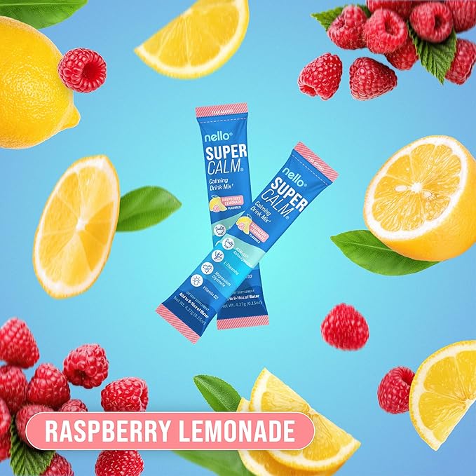 Nello Supercalm Powdered Drink Mix, Raspberry Lemonade, L Theanine, Ksm-66 Ashwagandha, Magnesium Glycinate, Vitamin D 3, Supplements for Relaxation & Focus, No Sugar, Non GMO, On The Go, 20 Ct