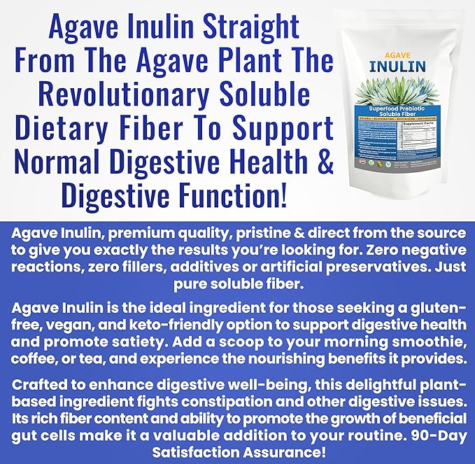 Inulin Powder (16oz/1lbs) Gentle Agave Inulin Prebiotic Soluble Fiber Supplement for Digestive Support, Gut Health, Vegan Baking, Smoothies & Drinks