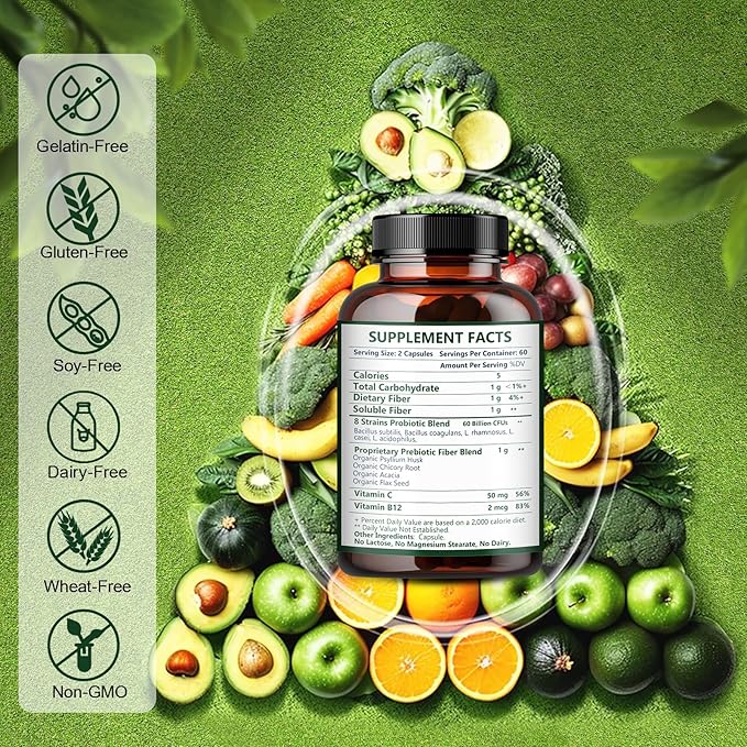 Probiotics for Women Digestive Health with Prebiotic Fiber - Fiber Supplement with 60 Billion Probiotic for Regularity & Gut Cleanse - Supports Occasional Constipation - 110 Veggie Capsules