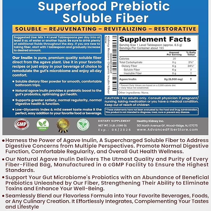 Inulin Powder (16oz/1lbs) Gentle Agave Inulin Prebiotic Soluble Fiber Supplement for Digestive Support, Gut Health, Vegan Baking, Smoothies & Drinks