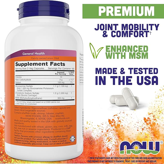 Now Glucosamine & Chondroitin with MSM, 300 Capsules (Pack of 2) Joint Health Supplement