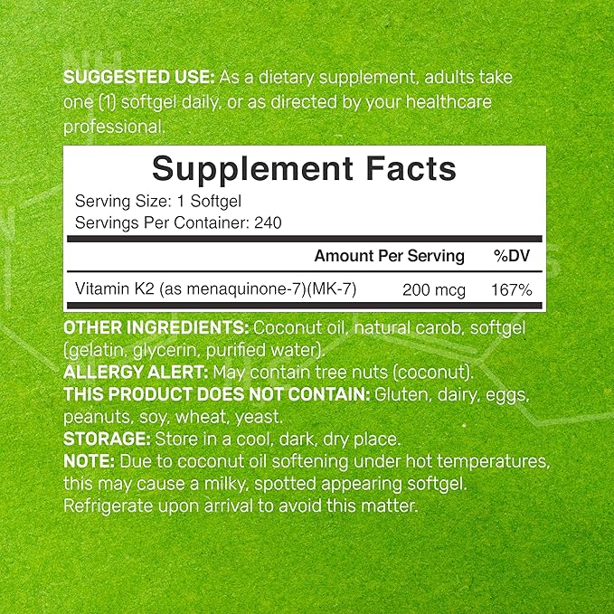 DEAL SUPPLEMENT Vitamin K2 (MK-7) 200mcg, 240 Virgin Coconut Oil Softgels | Premium Menaquinone-7 Form, Easily Absorbed Vitamin K Supplement – Bone, Joint, & Immune Support – Non-GMO
