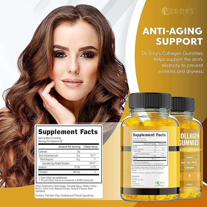 Dr. Emy's Collagen Gummies Gummy Vitamin for Women & Men, Hair, Skin, Nails, Joint Supplement. Anti-Aging Collagen Gummy Supplements. Strengthen Hair, Skin and Nails. Gelatin-Free. 60 ct Each. (3)
