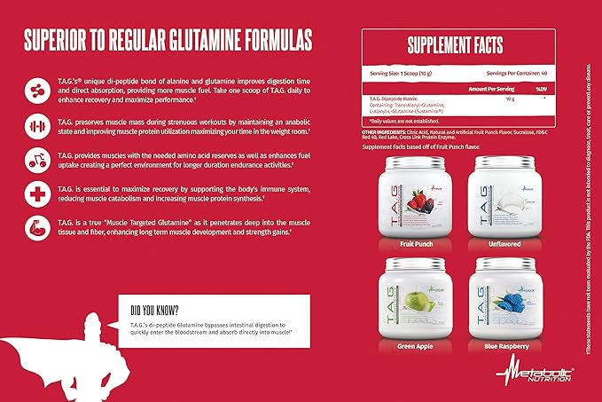 Metabolic Nutrition, TAG, Trans Alanyl Glutamine, 100% L-Glutamine Peptide Powder, Pre Intra Post Workout Supplement, 400 Grams (40 Servings) (Fruit Punch)