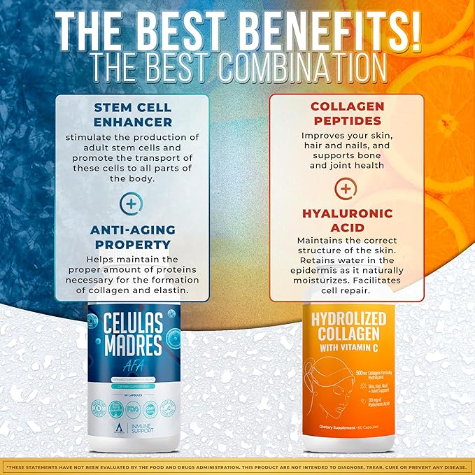 Aura Vitamin Mega Antioxidant Bundle | Hydrolyzed Collagen & AFA Stem Cell | Hydrolyzed Collagen with Vitamin C, Aphanizomenon Flos-Aquae | Celula Madre Skin, Hair and Nail Support – 60 Each Caps (1)