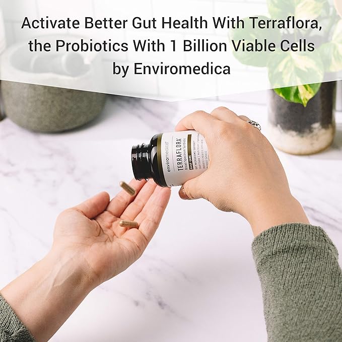Terraflora Daily Care synbiotic of probiotics and prebiotics for Women and Men 60 ct, Soil Based, Shelf Stable, allergen Friendly Spore Based Supplement Capsules Promote Gut Health by Enviromedica