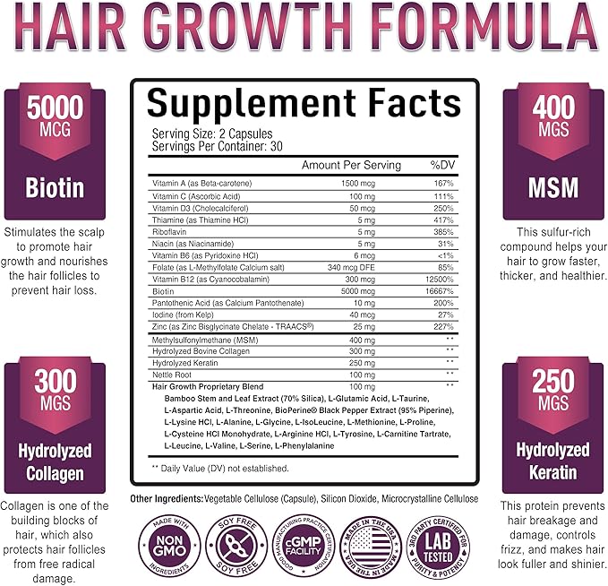 Premium Hair Growth for Women & Men - Hair Growth Vitamins w/ Biotin & Keratin - Prevents Hair Loss & Thinning, Supports Thicker Healthier Hair Growth - Supplement for All Hair Types, 60 Capsules