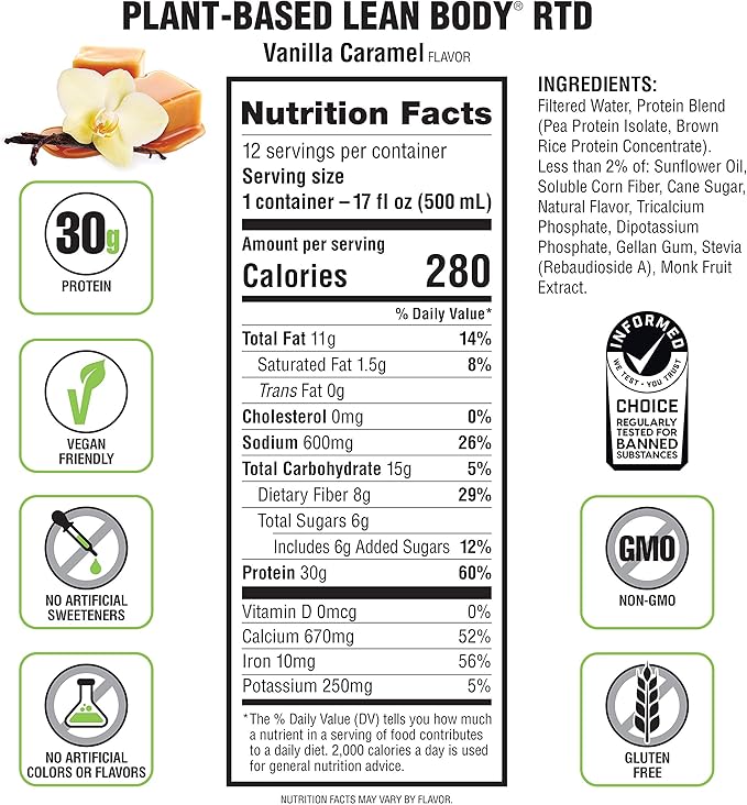 Lean Body Ready-to-Drink, Plant-Based Vegan Vanilla Caramel Protein Shake, 30g Protein, No Artificial Flavors, Sweeteners or Colors, Non GMO, Gluten Free, Premium Pea & Rice Blend (Pack of 12)