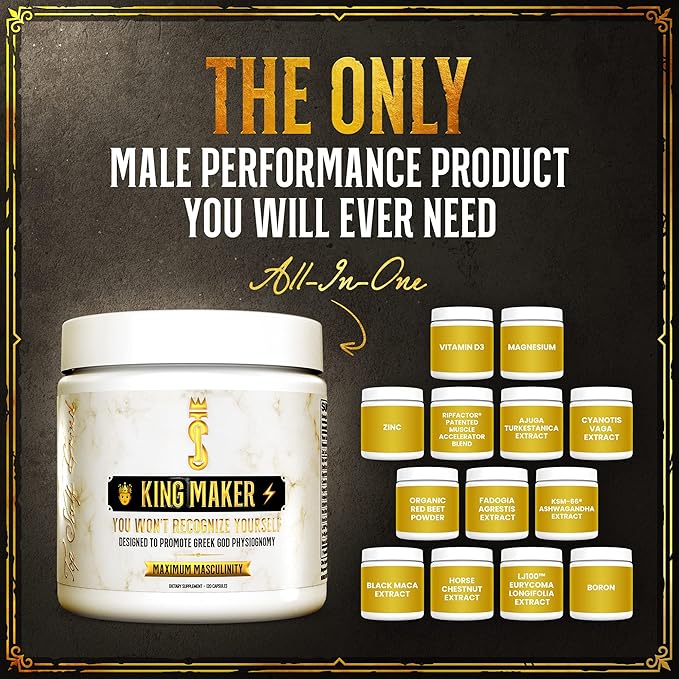 King Maker, 13-in-1 Anabolic Supplement for Men to Increase Stamina, Lean Muscle Growth & Recovery, N.O. Booster with Tongkat Ali (LJ100), 120 Capsules