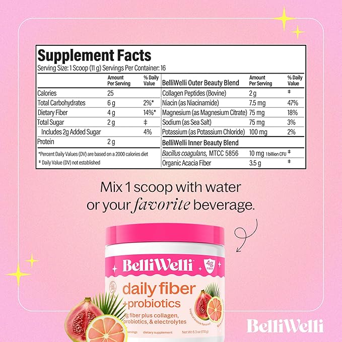Daily Fiber Supplement Powder with Collagen, Probiotics & Electrolytes | Supports Digestive Health, Gut Balance & Debloating | Tropical Breeze | 16 Servings