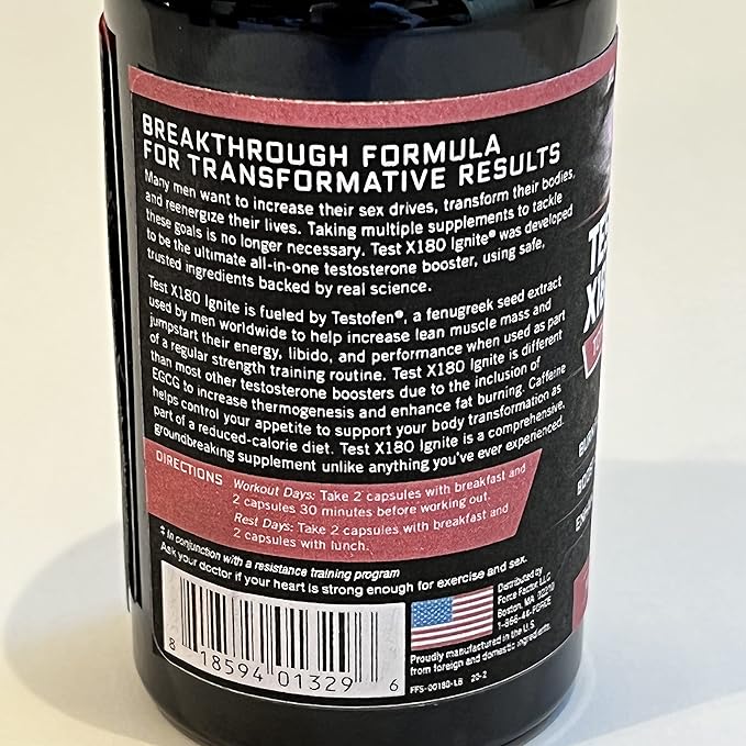 FORCE FACTOR Test X180 Ignite, Testosterone Booster & Fat Burner for Men, Testosterone Supplement to Burn Fat, Build Muscle, Increase Energy, and Boost Vitality and Performance, 60 Count (Pack of 2)