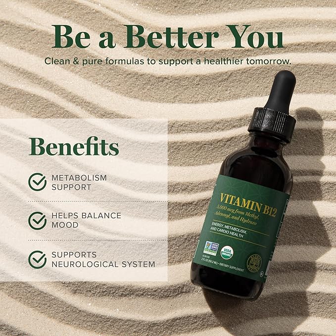 Global Healing Organic Vitamin B12 5000 mcg Sublingual Liquid - Methylcobalamin, Adenosylcobalamin, Hydroxo Blend - Methylated Drops for Adults - Vegan, Non-GMO, VIT B12, Vitamins Supplement (2 Oz)