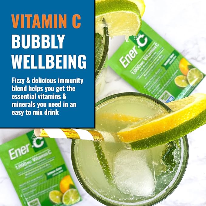 Ener-C Lemon Lime Multivitamin Drink Mix Powder Vitamin C 1000mg & Electrolytes with Real Fruit Juice Natural Energy & Immune Support for Women & Men - Non-GMO Vegan & Gluten Free - 60 Count