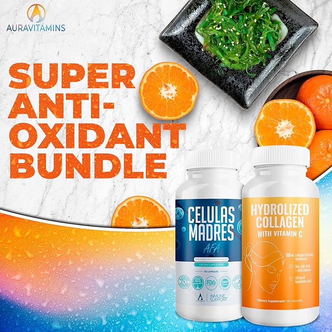 Aura Vitamin Mega Antioxidant Bundle | Hydrolyzed Collagen & AFA Stem Cell | Hydrolyzed Collagen with Vitamin C, Aphanizomenon Flos-Aquae | Celula Madre Skin, Hair and Nail Support – 60 Each Caps (1)