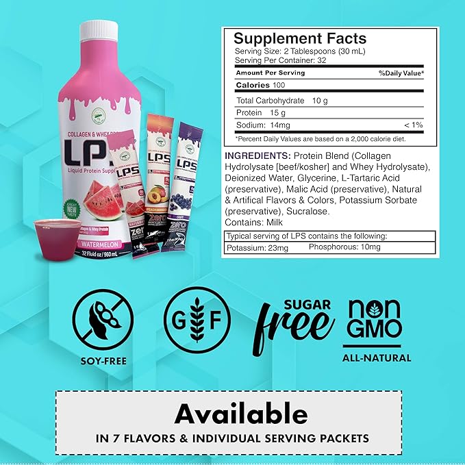 Nutritional Designs LPS Liquid Collagen & Whey Protein Supplement - Non-GMO Drink, Sugar-Free - Promotes Healthy Skin & Hair for Men & Women, Watermelon, Single Serve (25 Packets)