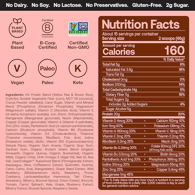 Happy Viking Triple Chocolate Protein + Superfoods Powder, Created by Venus Williams, 20G Protein, Low Carb, Keto, Vegan, Gluten-Free, Non-GMO, Complete Meal Replacement, 1 Canister (24 oz.)