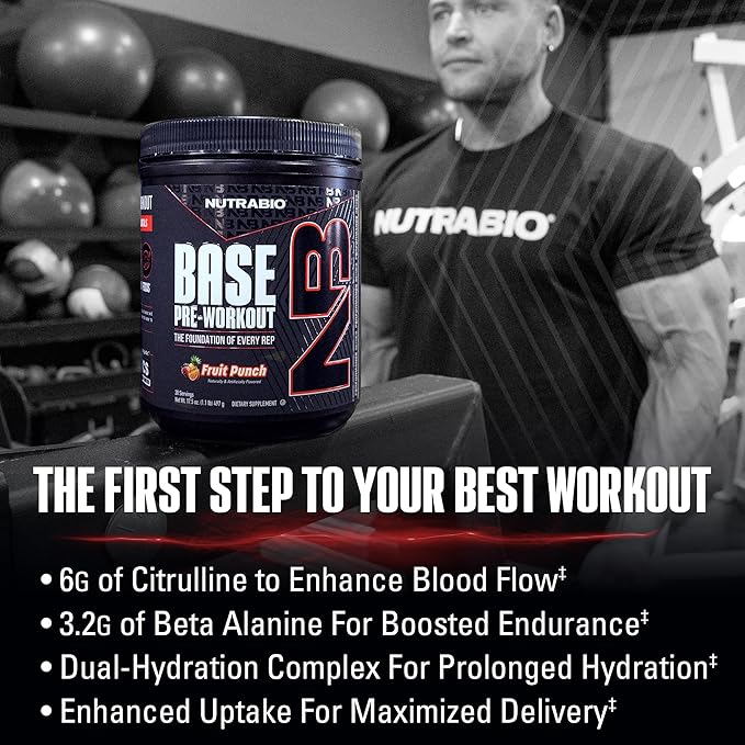 NutraBio Base Pre-Workout Sports Nutrition Powder - Sustained Energy, Mental Focus, Endurance, Hydration - Preworkout for Men and Women - Increase Energy- 30 Servings - Blue Raspberry