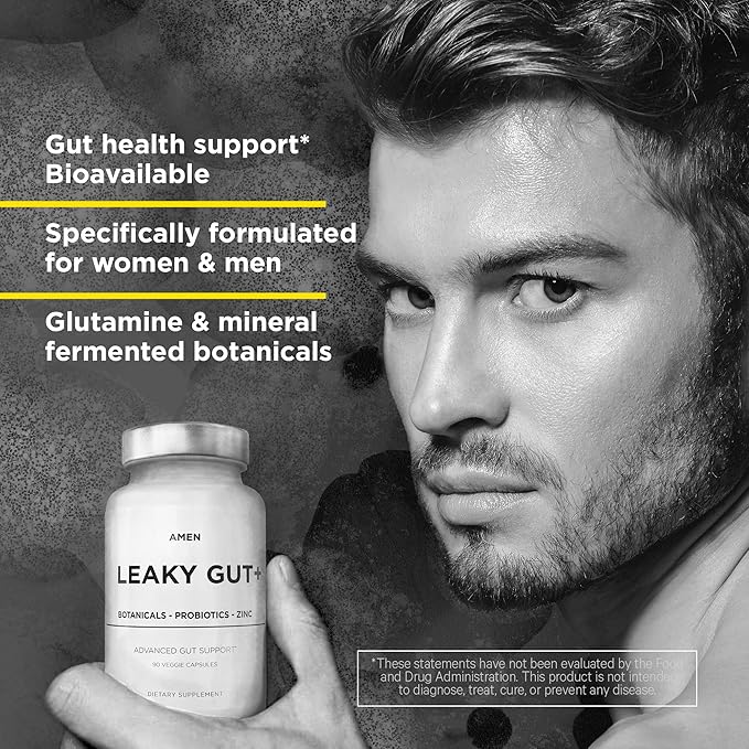 Amen Leaky Gut Supplement - Advanced Formula with Bioavailable L Glutamine, Zinc, Turmeric, DGL Licorice Root - Marshmallow Root - Probiotics & Fermented Prebiotics - Vegan, Non-GMO - 90 Capsules