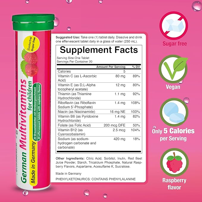 T&D German Multvitamin for Children 8 Vitamins - 240 Vegan Drink Effervescent Tablets - Raspberry Flavor - Made in Germany