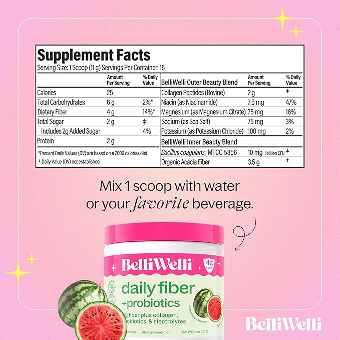 Daily Fiber Supplement Powder with Collagen, Probiotics & Electrolytes | Supports Digestive Health, Gut Balance & Debloating | Watermelon | 16 Servings