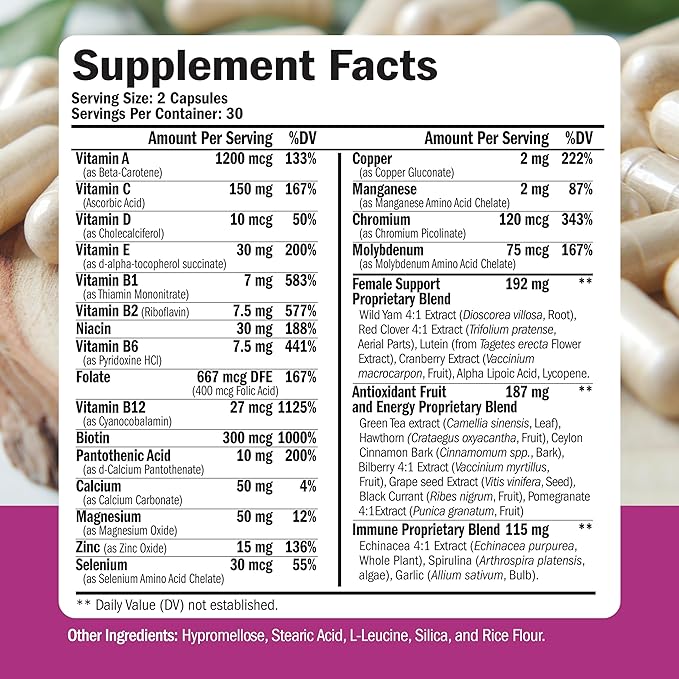 Multivitamin for Women - Daily Womens Multivitamin & Multimineral with Vitamin A, C, D, E, B12, Zinc and More Vitamins for Women - Womens Vitamins for Energy, Focus, and Womens Health. 60 Capsules