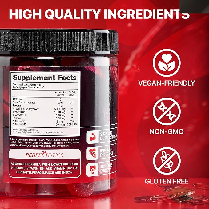 Creatine Monohydrate Gummies Complex 8000mg, Chewable Creatine for Women and Men with L-Carnitine, Taurine, Creatine Monohydrate Chewable, Muscle Strength, Raspberry and Blackberry Taste, 120pcs