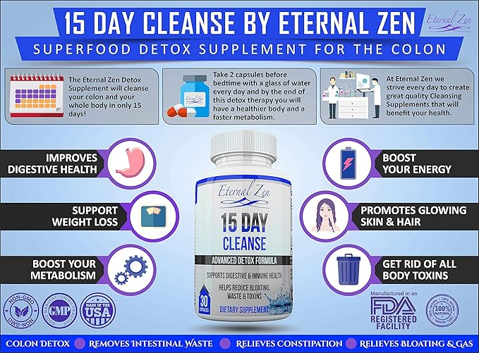 Eternal Zen 15 Day Colon Cleanser Detox with Extra Strength Herbs, Senna is a Fast Acting Natural Laxative for Constipation Relief - Whole Body Cleanse - 30 Capsules