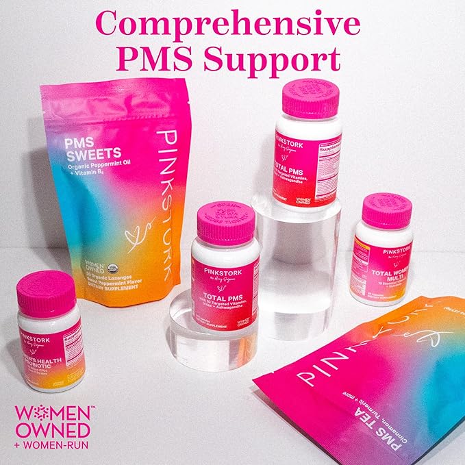 Pink Stork PMS Supplement for Women - Vitex, Ashwagandha, Maca Root & 10 Vitamins & Minerals to Support Hormone Balance, Mood, Bloating, Period Regularity - 60 Capsules
