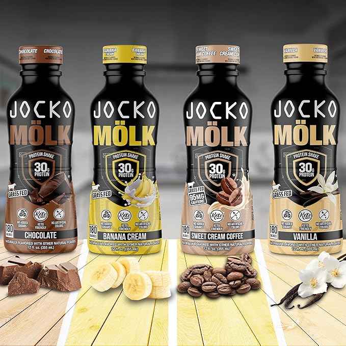 Jocko Mölk 30g Grass Fed Protein Shakes – No Added Sugar Protein Drinks KETO Friendly - Ready to Drink 12 FL Oz (Pack of 12) Banana Cream