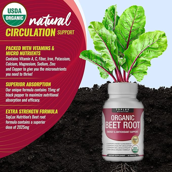 Organic Beet Root Powder Tablets - 2040mg Natural Nitric Oxide Beets to Support, Energy, Black Pepper Better Absorption, Non-GMO, for Men Women, 90 Tablets