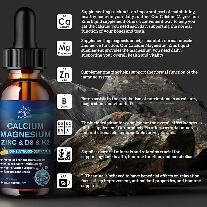 (4 Pack) 10 in 1 Calcium Magnesium Zinc Supplement, Magnesium Glycinate Complex Liquid Drops with Vitamin D3 K2 B6, Vegan Calcium Citrate Bone & Immune Health Support, Sleep & Cramps, Boron, 1 Fl Oz
