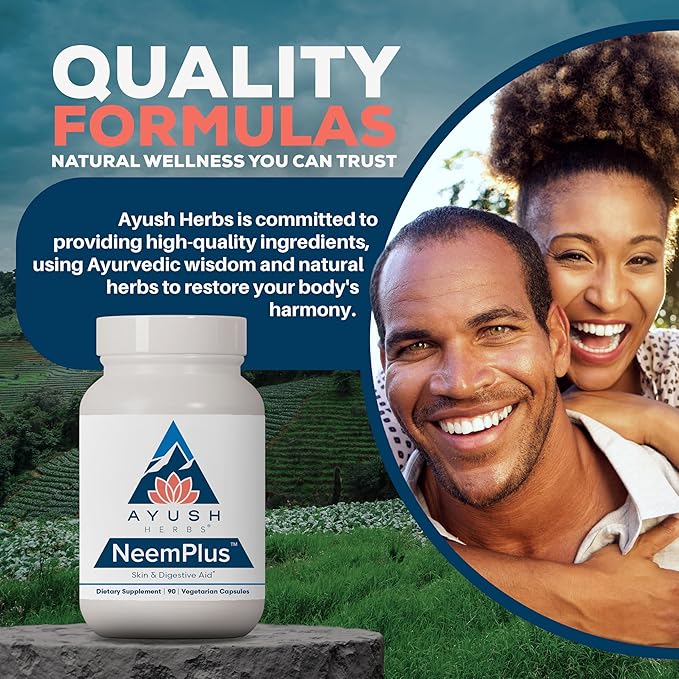 Ayush Herbs Neem Plus - Digestive Health for Women & Men, Gut Support Supplement for Stomach & Skin Health, Immune Support - 90 Vegetarian Capsules (1 Count)