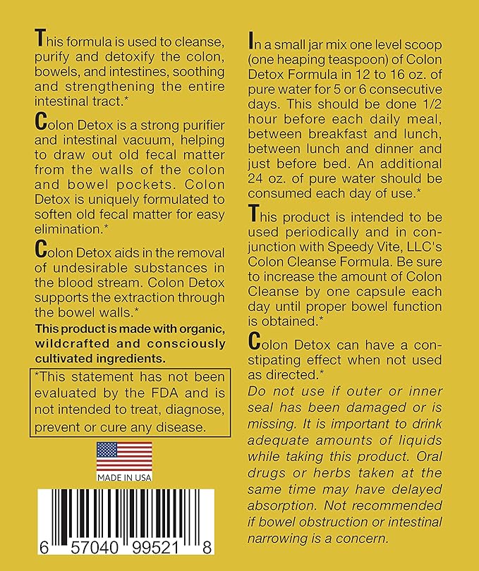SpeedyVite® Colon Detox Organic Supports Natural Removal of Toxins* Charcoal Psyllium Flax Apple Fiber Slippery Elm Fennel 10oz All Natural Powder (1 x 10oz)