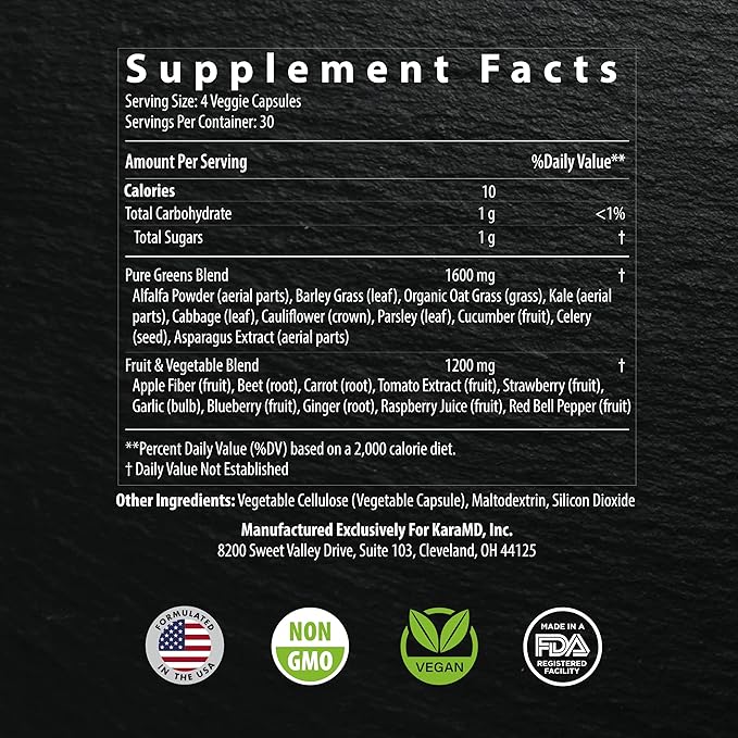 KaraMD Pure Nature | Greens, Fruits & Vegetables Whole Food Supplement | Vitamins, Fiber & Antioxidants | Support Energy & Digestion | Non-GMO, Gluten Free & Vegan Friendly | 2 Pack