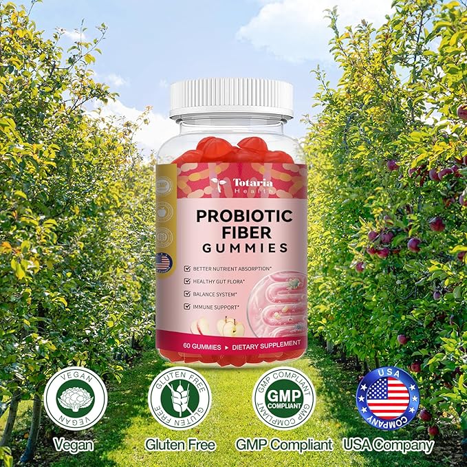 9-in-1 Probiotic Fiber Gummies for Adults & Teens 16G Fiber per Serving, Psyllium Fiber Supplement with 5 Billion CFU Bacillus Coagulans, Inulin, ACV for Digestive, Gut & Immune Wellness - 60 Gummies