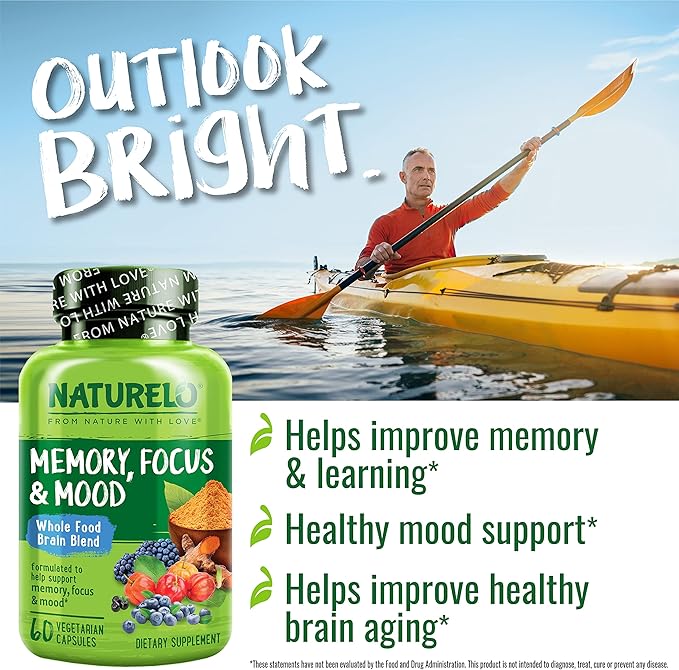 NATURELO Brain Supplement – Whole Food Brain Health Supplement for Memory and Focus Support, Enhance Brain Health Blend Supplement for Adults – 60 Vegetarian Capsules