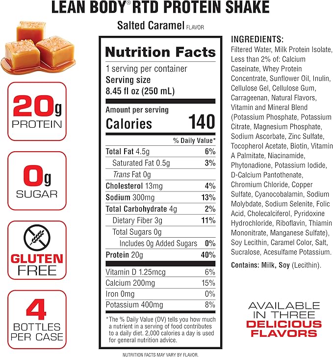 Lean Body Ready-to-Drink Salted Caramel Protein Shake, 20g Protein, Whey Blend, 0 Sugar, Gluten Free, 22 Vitamins & Minerals, (Recyclable Carton & Lid - Pack of 4)