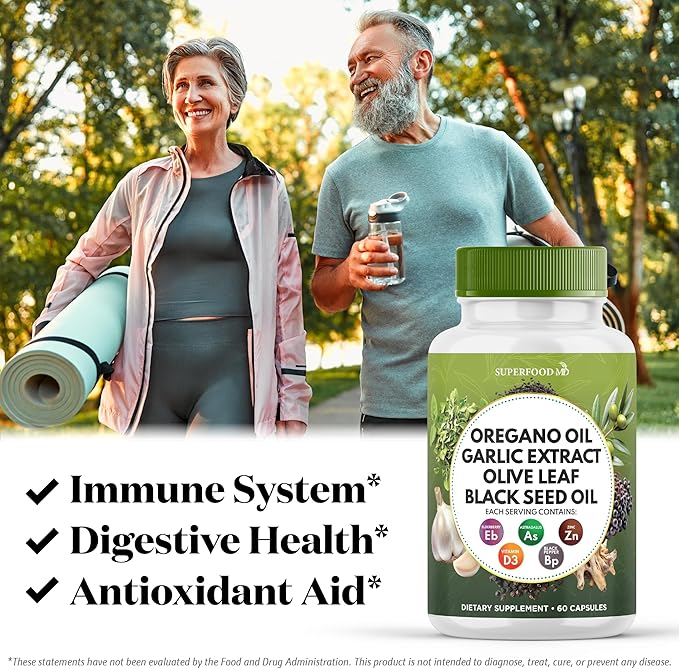 Oregano Oil 6000mg Garlic Extract 4000mg Olive Leaf 3000mg Black Seed Oil 3000mg Astragalus-Immune Support & Digestive Health Supplement for Women and Men- 120 Count