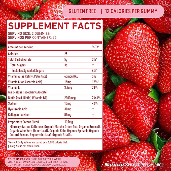 8Greens Supergreens Beauty Gummies with Collagen & Biotin | Super Greens Powder Superfood Gummy for Healthy Skin, Hair, Nails, Glow, and Firmness, Superfood Booster, Strawberry Flavored, 150 Count