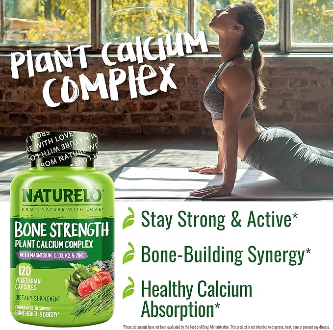 NATURELO Calcium Supplement - with Vitamin C, Vitamin D3, K2, and Calcium Magnesium Zinc for Bone Strength with Calcium 600mg - Plant-Based, 120 Vegetarian Capsules, Non-GMO, Soy & Gluten-Free
