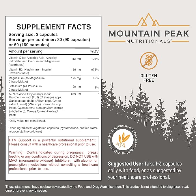 Mountain Peak Nutritionals HTN Support - Organ Supplement - Helps Maintain Healthy Blood Pressure & Cardiovascular System - w/Rauwolfia & Magnesium - Hypoallergenic Dietary Supplement (180 Capsules)